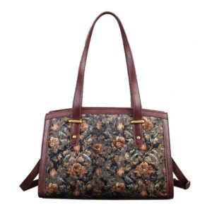 Women's Brown Leather Trim Floral Shoulder Bag