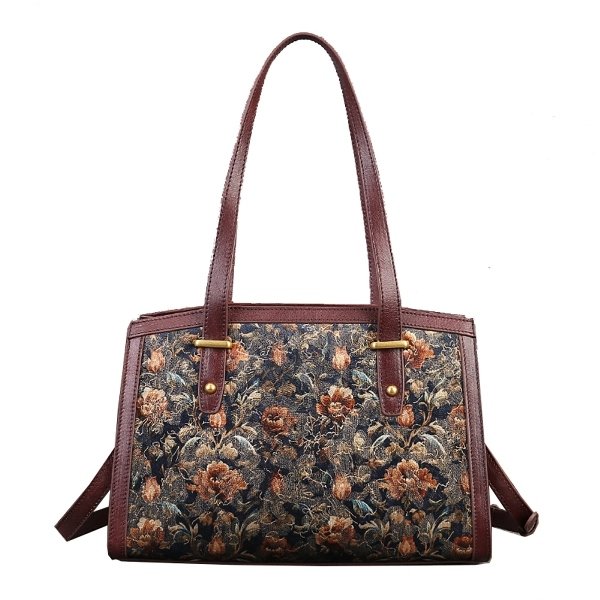 Women's Brown Leather Trim Floral Shoulder Bag