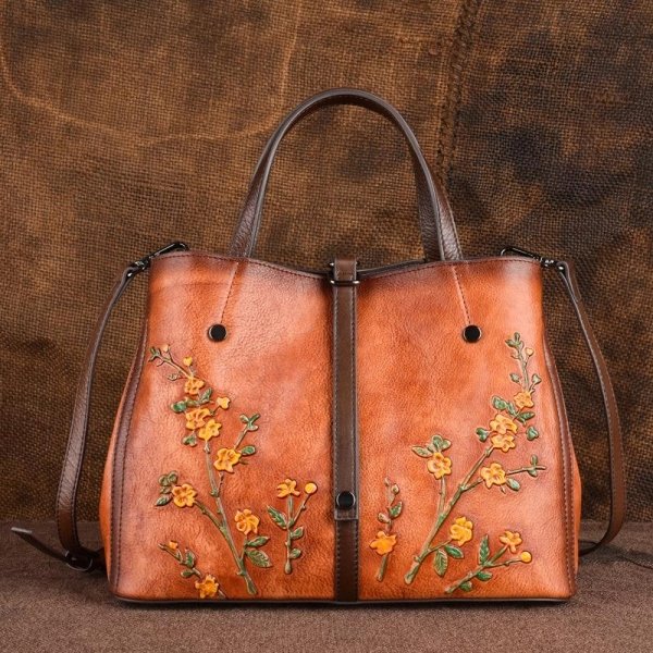 Women's Brown Floral Embroidered Leather Handbag - Image 4