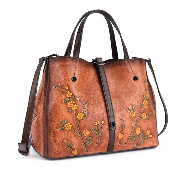 Women's Brown Floral Embroidered Leather Handbag