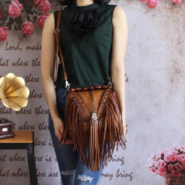 Women's Brown Leather Fringe Shoulder Bag - Image 2