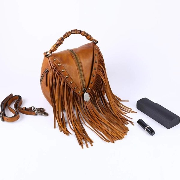 Women's Brown Leather Fringe Shoulder Bag - Image 3
