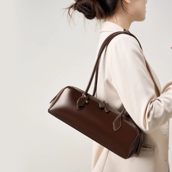 Women's Brown Leather Double Handle Shoulder Bag - Image 4