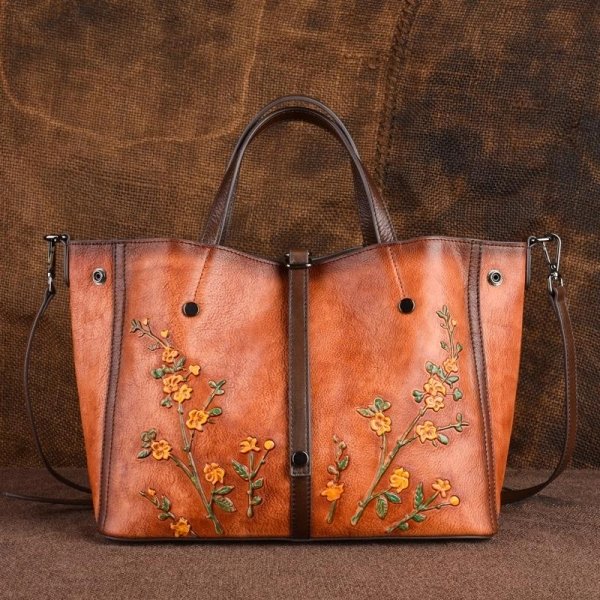 Women's Brown Floral Embroidered Leather Handbag - Image 2