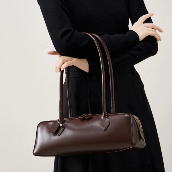 Women's Brown Leather Double Handle Shoulder Bag - Image 3