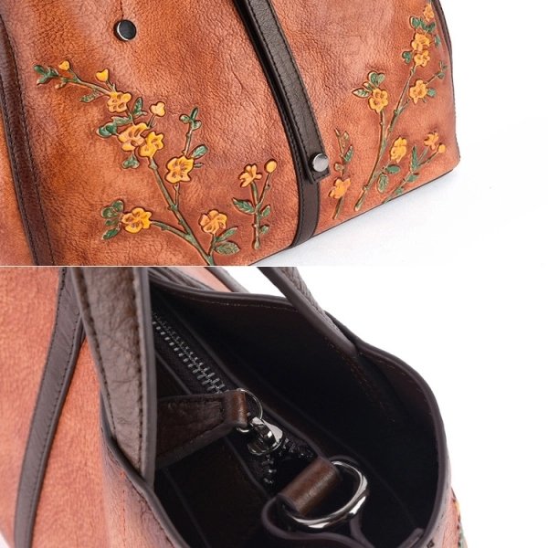 Women's Brown Floral Embroidered Leather Handbag - Image 5