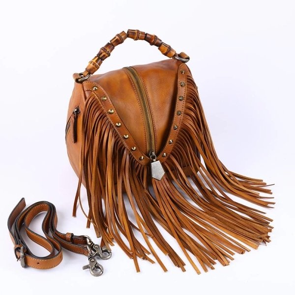 Women's Brown Leather Fringe Shoulder Bag - Image 5