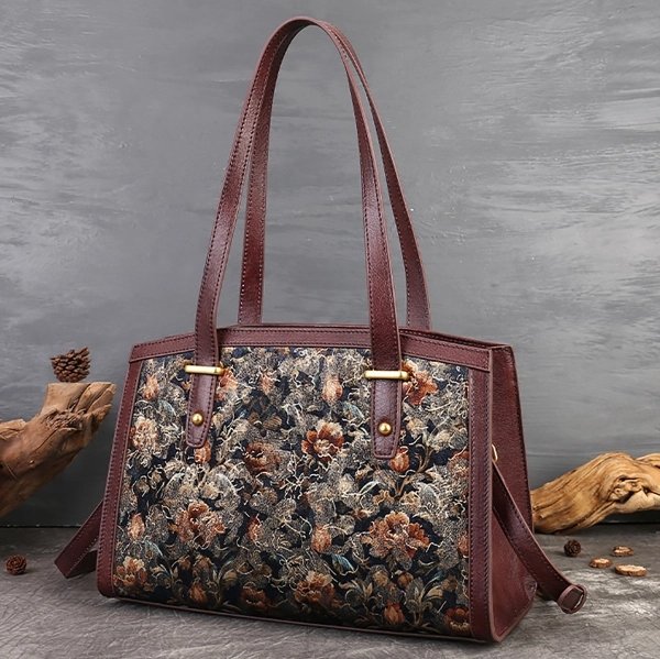Women's Brown Leather Trim Floral Shoulder Bag - Image 4
