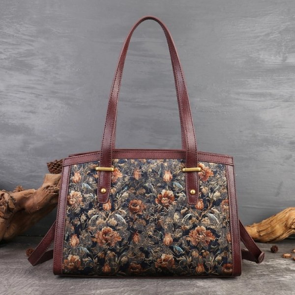 Women's Brown Leather Trim Floral Shoulder Bag - Image 2